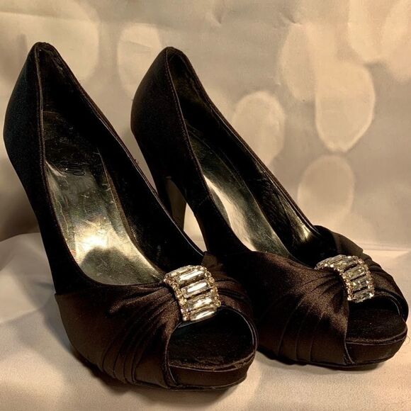 DEB BLACK SATIN OPEN TOE HIGH HEELS SIZE 9 - Picture 6 of 10